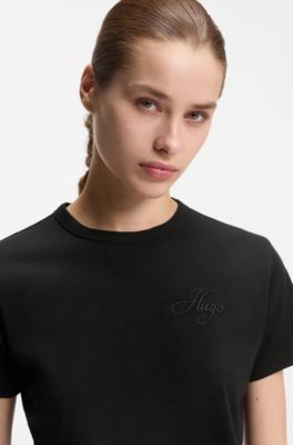 Camiseta en punto de algod&oacute;n con logo caligrafiado bordado, Negro