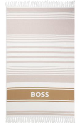 Fringed logo beach towel in cotton jacquard, Beige