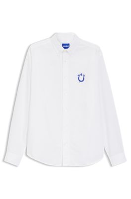 Camisa oversize fit de algod&oacute;n Oxford con logo bordado, Blanco