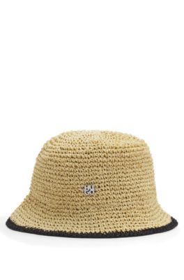 Raffia bucket hat with stacked logo, Light Beige
