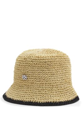 Raffia bucket hat with stacked logo, Light Beige