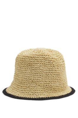 Raffia bucket hat with stacked logo, Light Beige