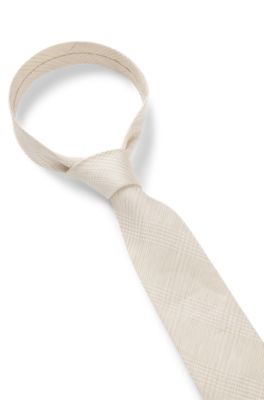 Cravate &agrave; carreaux en lin et soie italienne, Beige