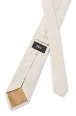 Cravate &agrave; carreaux en lin et soie italienne, Beige