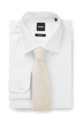 Cravate &agrave; carreaux en lin et soie italienne, Beige