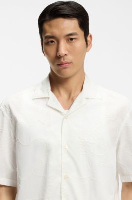 Chemise coupe d&eacute;contract&eacute;e en coton brod&eacute; &agrave; fleurs, Blanc