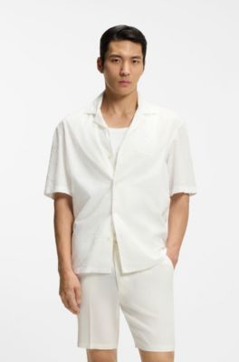 Camisa relaxed fit de algod&oacute;n con bordado floral, Blanco