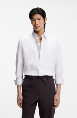 Camisa relaxed fit de popel&iacute;n de algod&oacute;n a rayas, Blanco