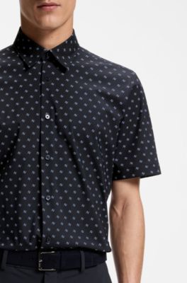 Camisa regular fit en punto t&eacute;cnico el&aacute;stico estampado, Azul oscuro