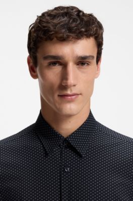 Camisa regular fit en punto t&eacute;cnico el&aacute;stico estampado, Azul oscuro