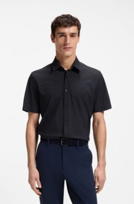 Camisa regular fit en punto t&eacute;cnico el&aacute;stico estampado, Azul oscuro