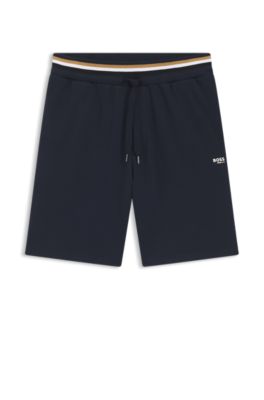 Shorts de felpa de rizo de algod&oacute;n con cintura a rayas, Azul oscuro