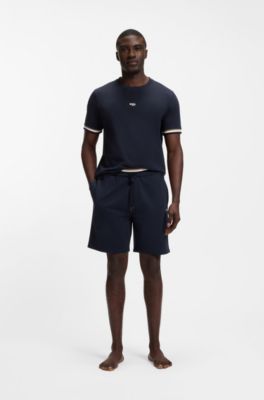 Shorts de felpa de rizo de algod&oacute;n con cintura a rayas, Azul oscuro