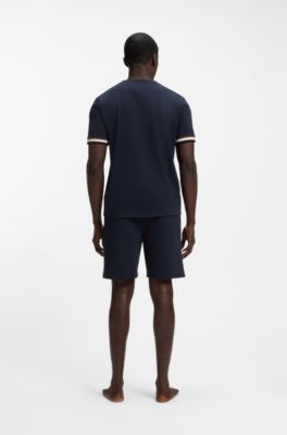 Shorts de felpa de rizo de algod&oacute;n con cintura a rayas, Azul oscuro