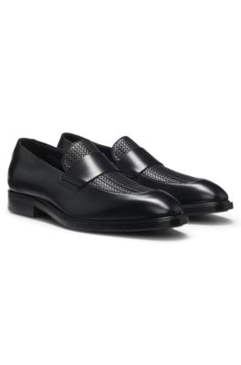 Mocasines de piel con empeine tejido, Negro