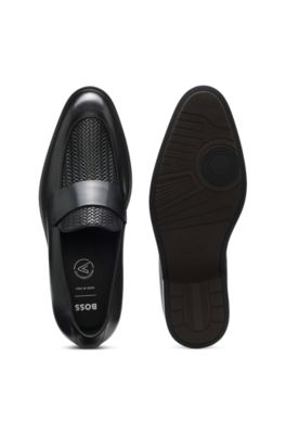 Mocassins en cuir avec vamp tress&eacute;, Noir