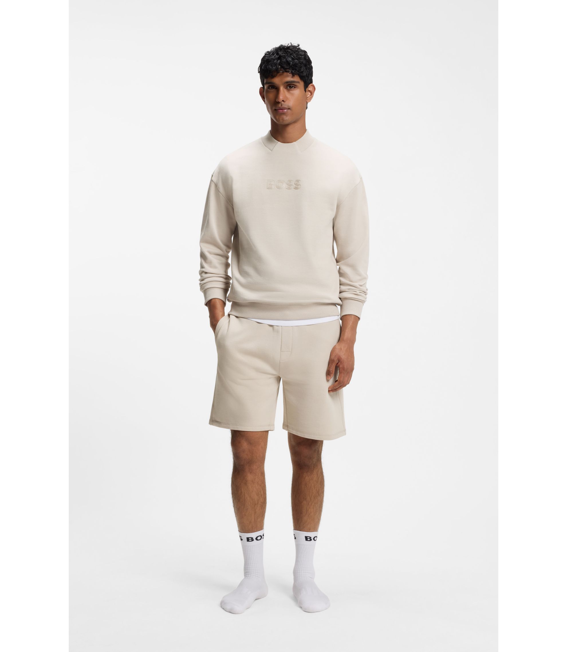BOSS - Cotton-terry shorts with chain-stitched logo - Light Grey