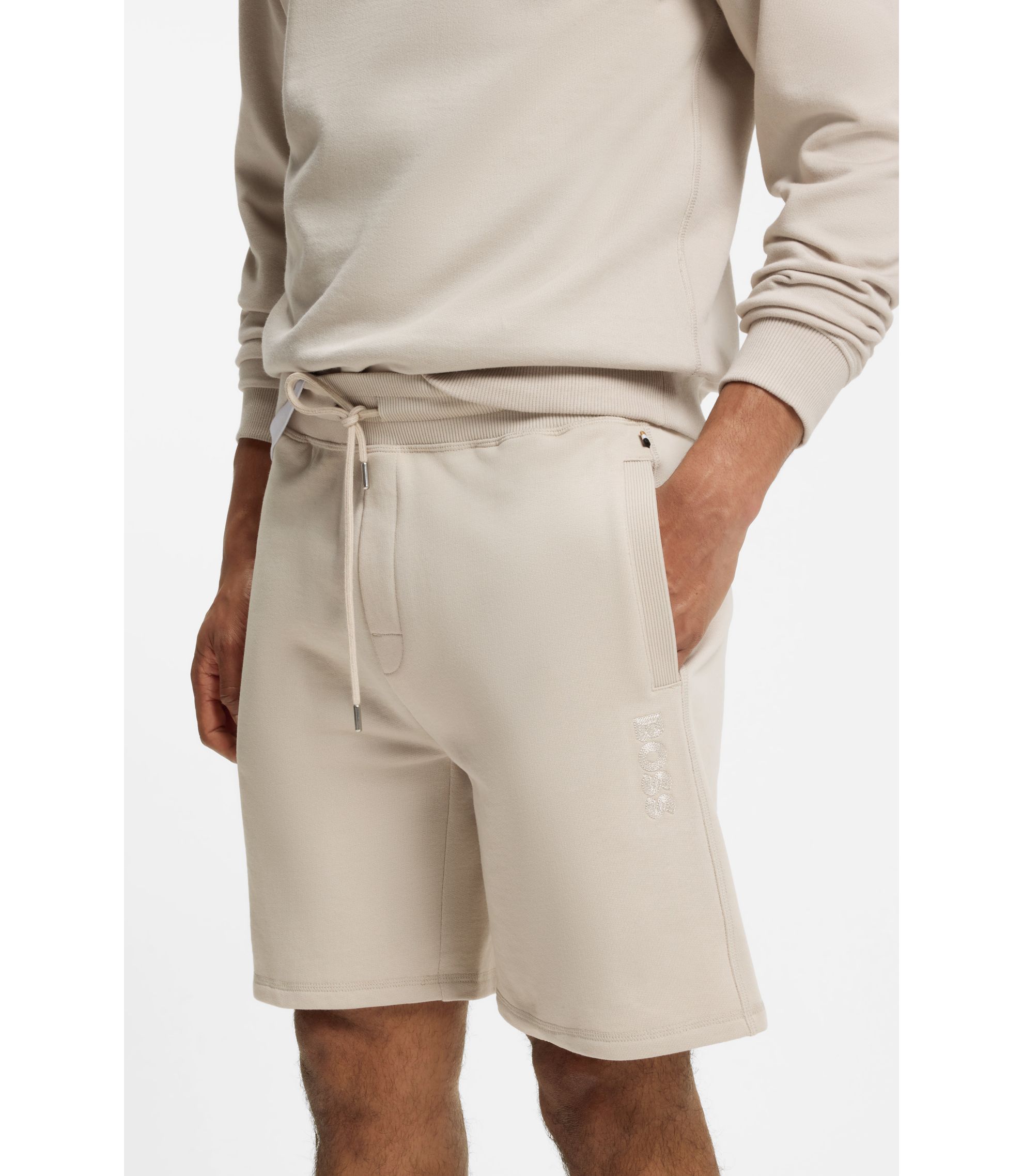BOSS - Cotton-terry shorts with chain-stitched logo - Light Grey
