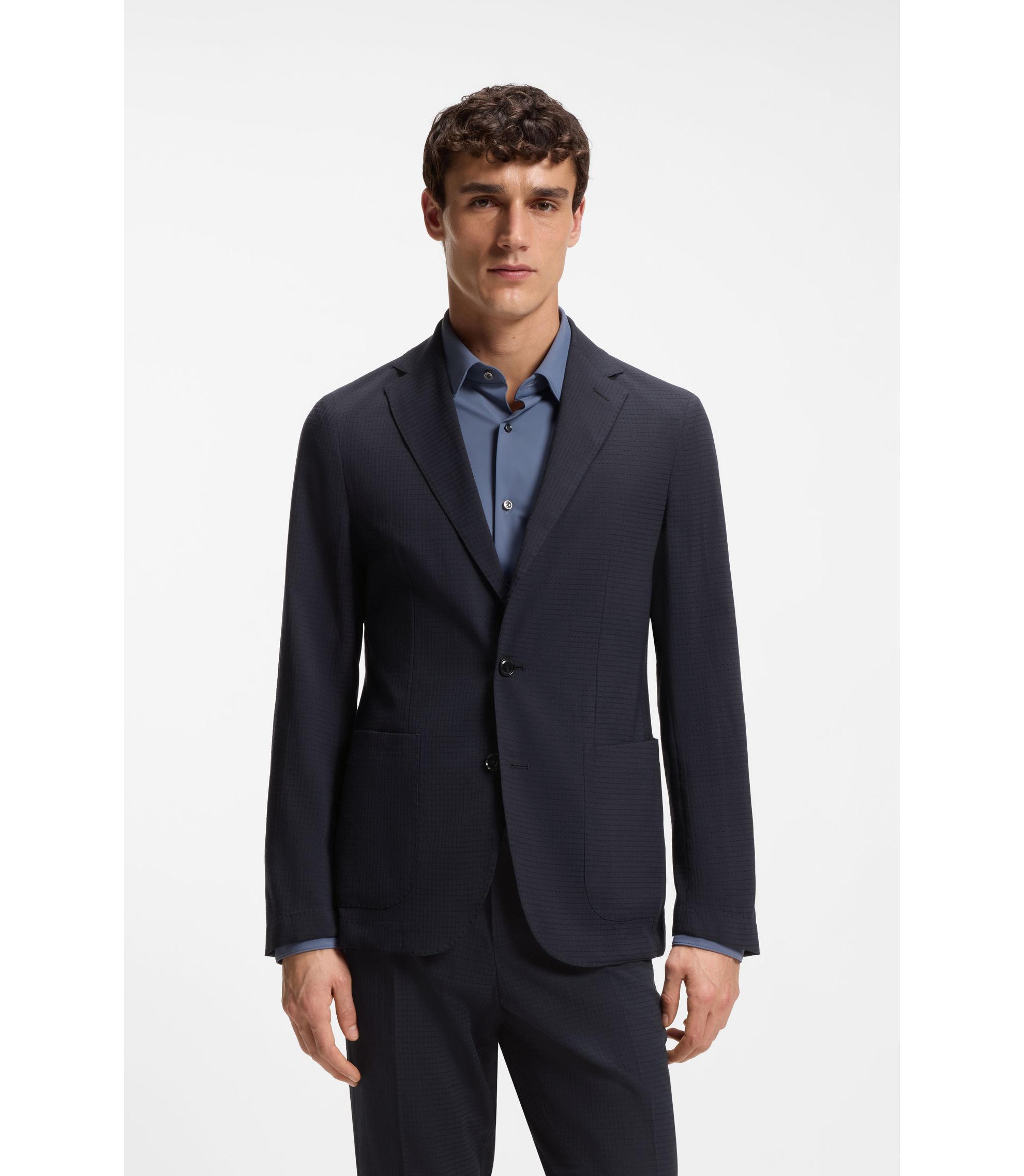 BOSS - Patterned slim-fit jacket in a wool blend - Dark Blue