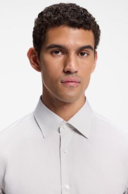 Chemise Slim Fit en popeline de coton m&eacute;lang&eacute; &agrave; rayures, Kaki