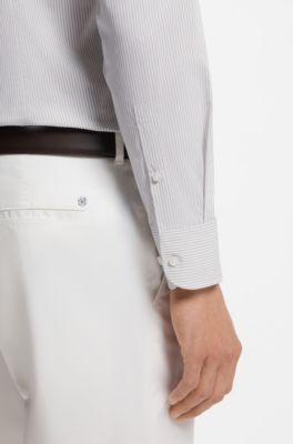Slim-fit shirt in striped cotton-blend poplin, Khaki
