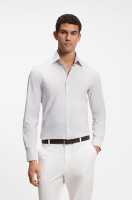 Slim-fit shirt in striped cotton-blend poplin, Khaki