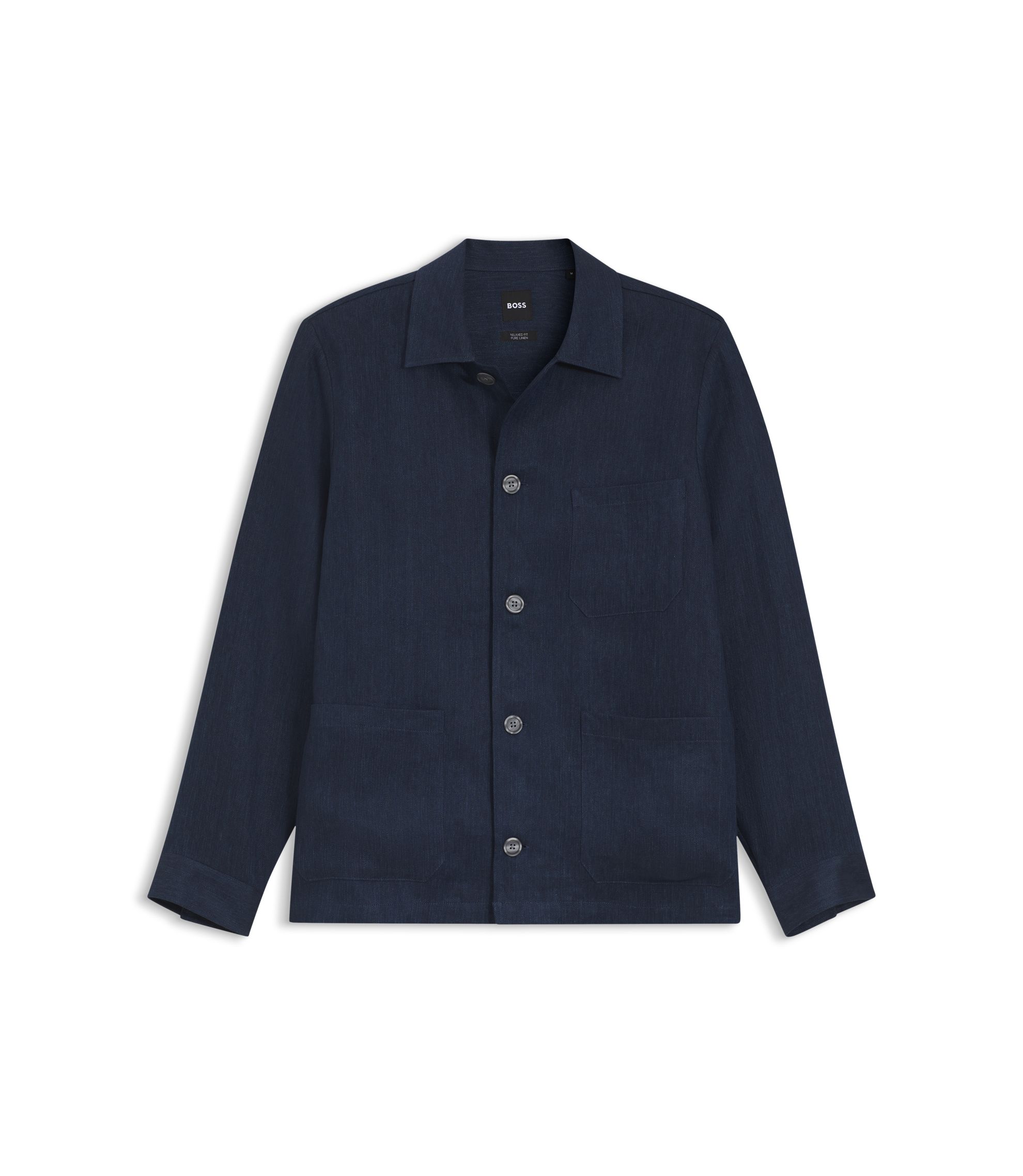 HUGO BOSS　リネンシャツ　ネイビー BOSS - Relaxed-fit overshirt in Italian-made linen twill - Dark Blue