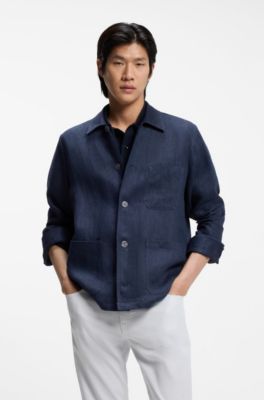 Sobrecamisa relaxed fit en sarga de lino fabricada en Italia, Azul oscuro