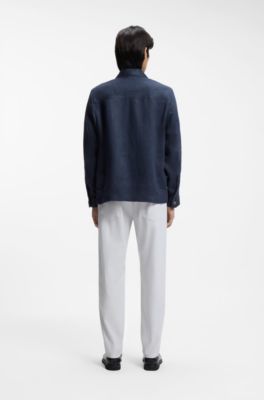 Surchemise coupe d&eacute;contract&eacute;e en twill de lin italien, Bleu fonc&eacute;