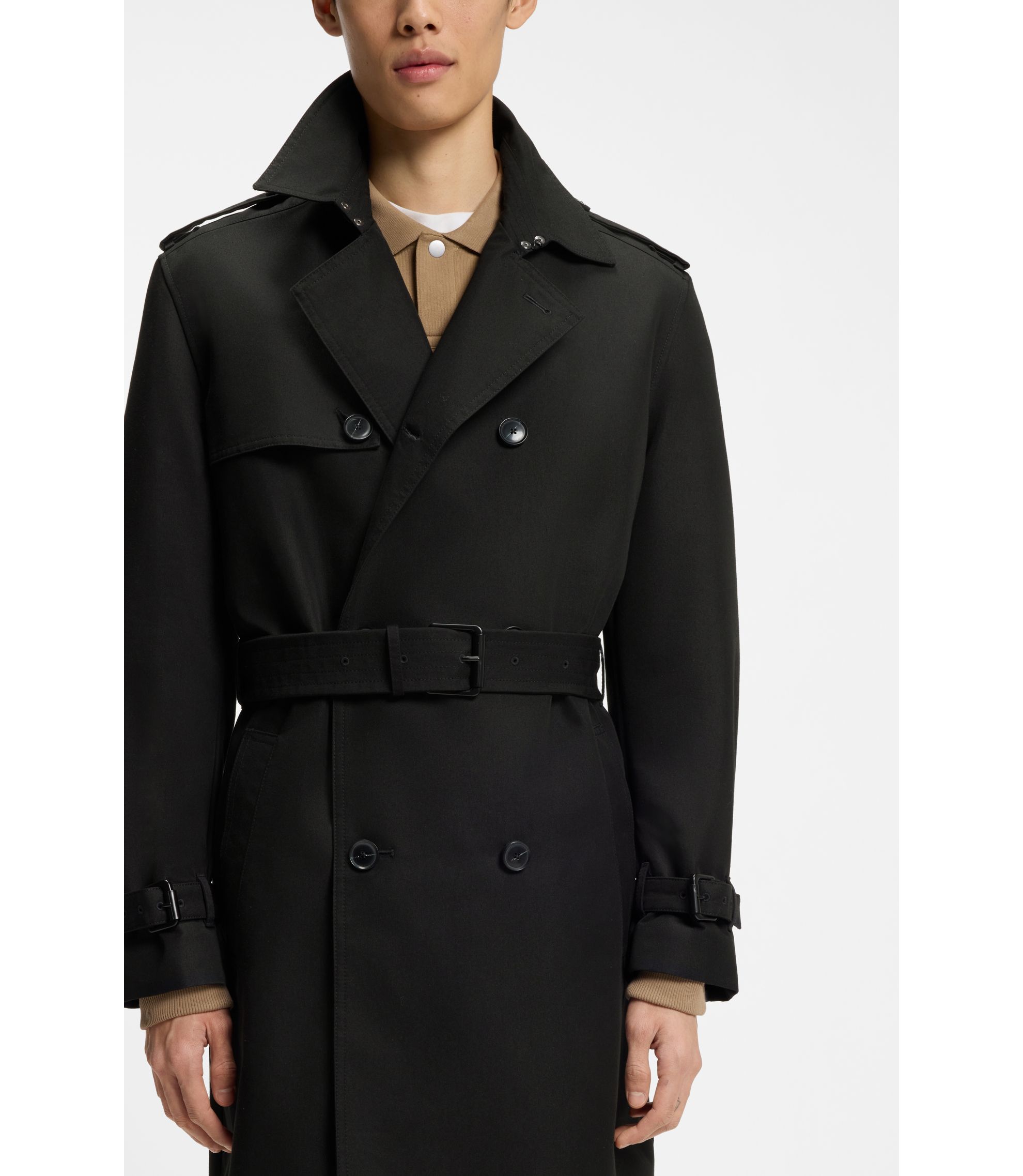 cotton trench coat ［regular］_black HUGO - Water-repellent trench coat in a cotton-blend twill - Black