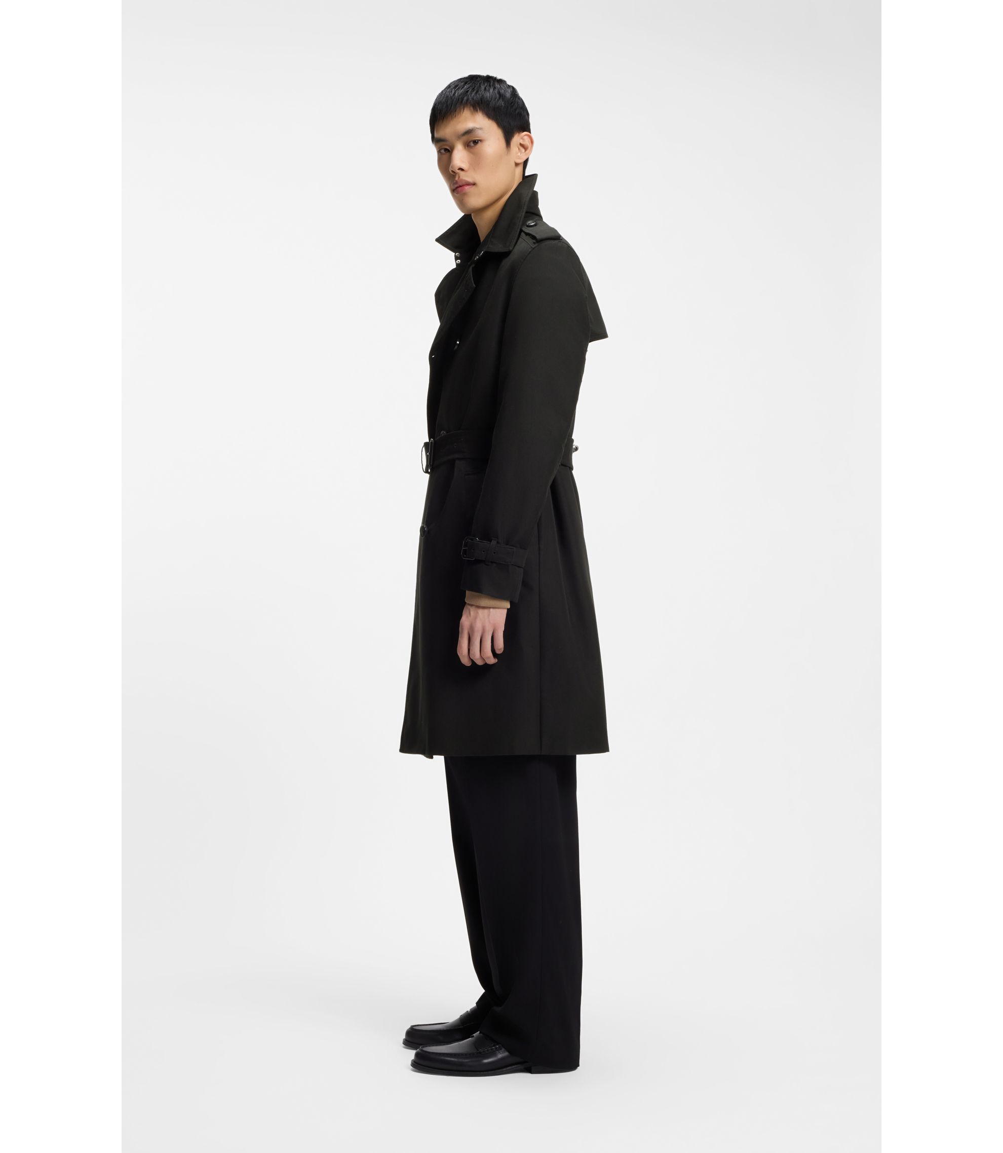 HUGO - Water-repellent trench coat in a cotton-blend twill - Black