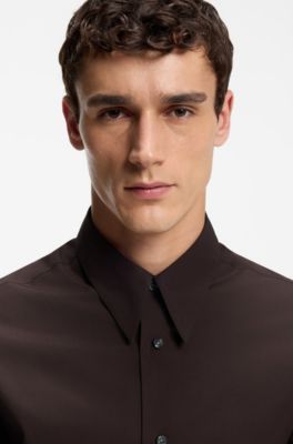 Camisa regular fit en lana merina ligera, Marr&oacute;n oscuro