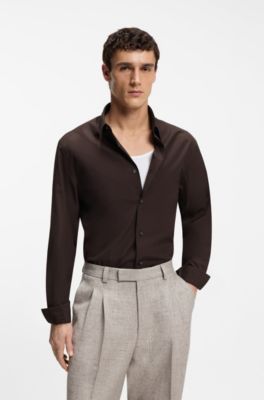 Camisa regular fit en lana merina ligera, Marr&oacute;n oscuro