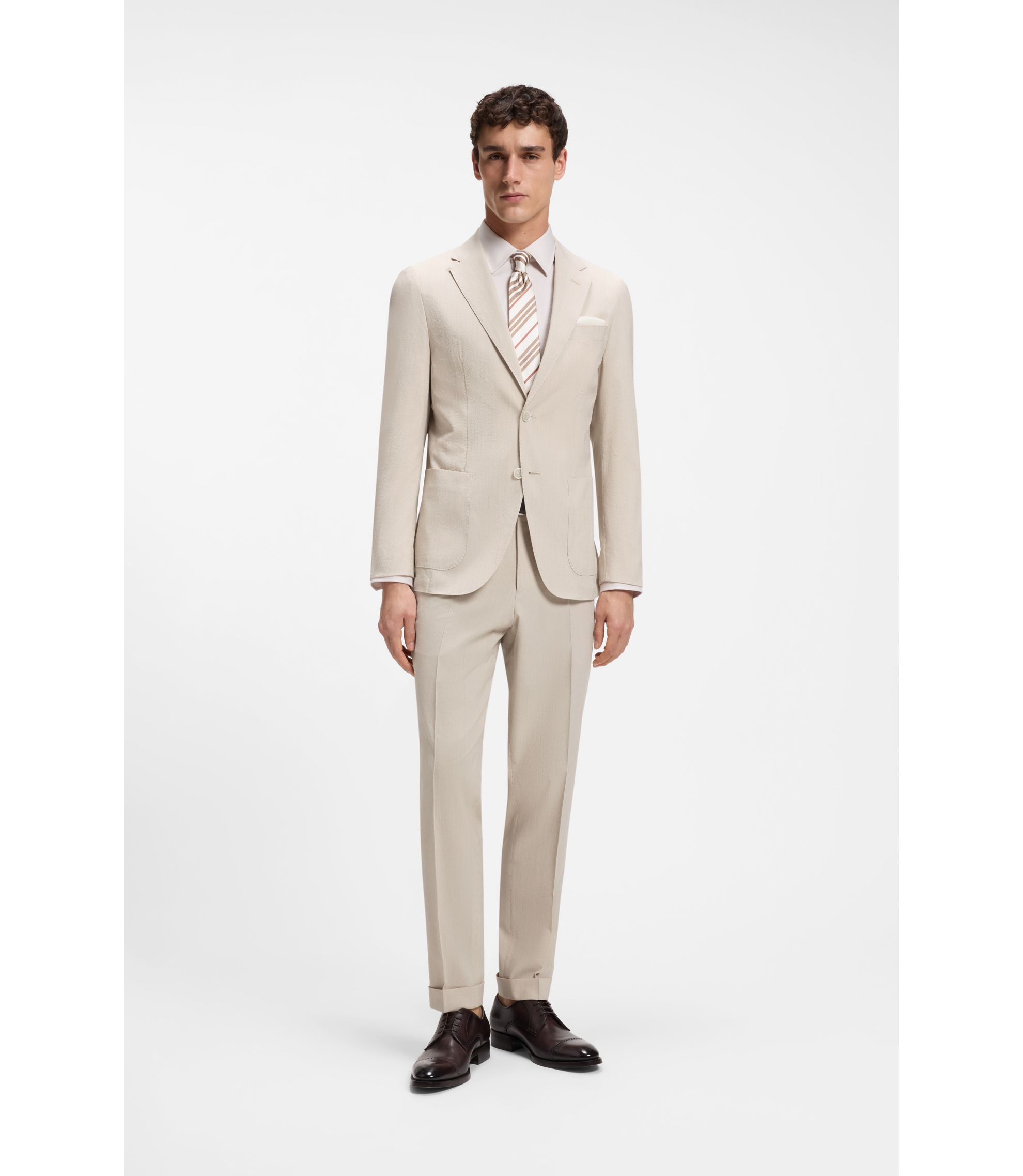 BOSS - Tapered-fit trousers in wool-blend seersucker - Beige