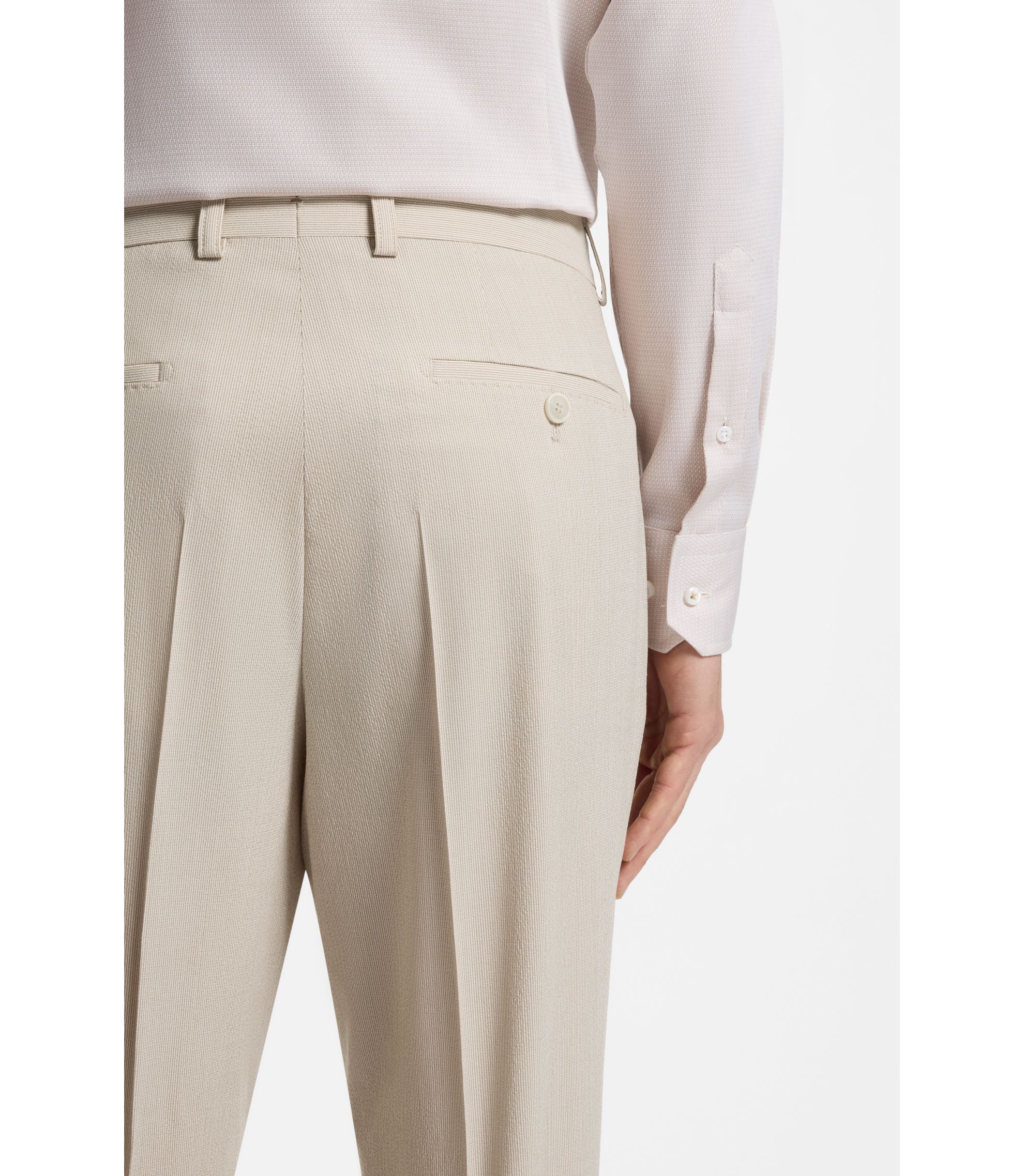 BOSS - Tapered-fit trousers in wool-blend seersucker - Beige