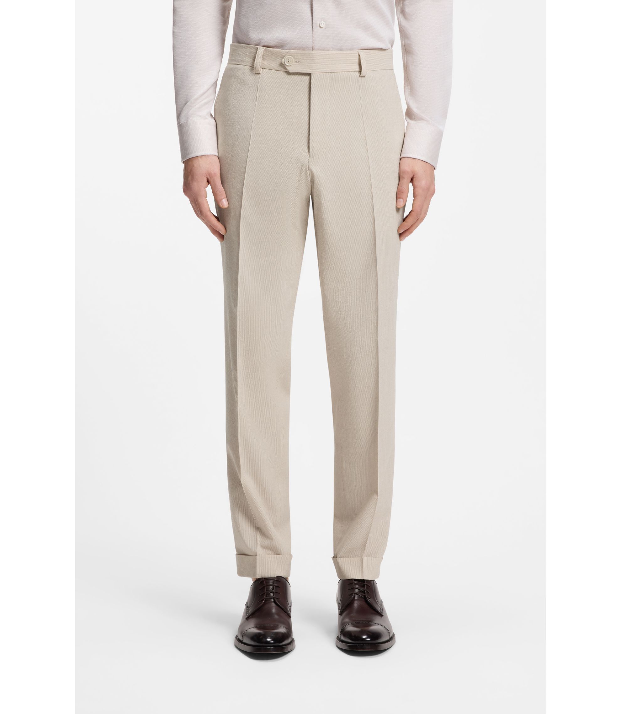 BOSS - Tapered-fit trousers in wool-blend seersucker - Beige