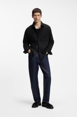 Camisa oversize fit en sarga de algod&oacute;n con bolsillos cosidos, Negro