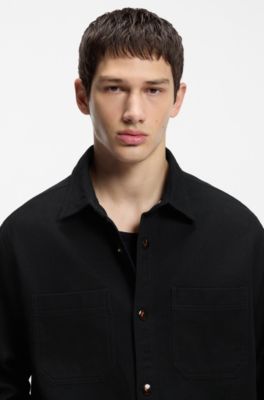 Camisa oversize fit en sarga de algod&oacute;n con bolsillos cosidos, Negro