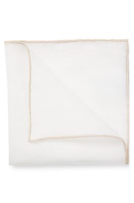 BOSS ONE Linen pocket square with contrast border, Light Beige
