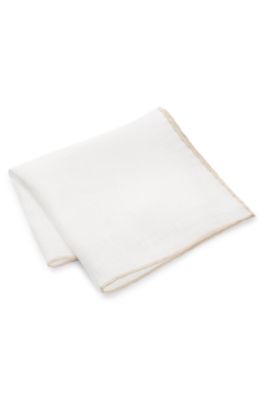 Linen pocket square with contrast border, Light Beige