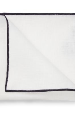 BOSS ONE Linen pocket square with contrast border, Dark Blue