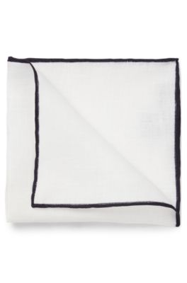 BOSS ONE Linen pocket square with contrast border, Dark Blue