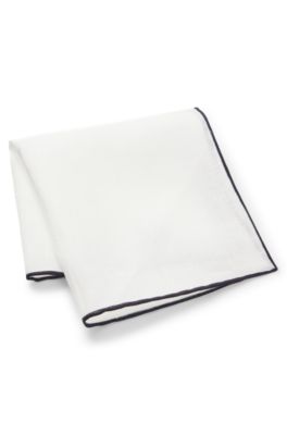 BOSS ONE Linen pocket square with contrast border, Dark Blue