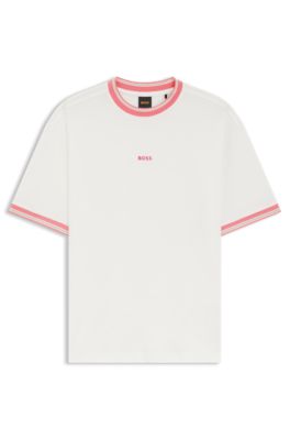 Camiseta relaxed fit de algod&oacute;n con detalles a rayas, Blanco