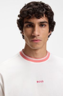 T-shirt coupe d&eacute;contract&eacute;e en coton avec des bordures &agrave; rayures, Blanc