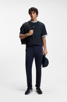 T-shirt coupe d&eacute;contract&eacute;e en coton avec des bordures &agrave; rayures, Bleu fonc&eacute;