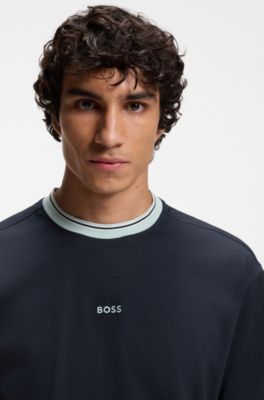 T-shirt coupe d&eacute;contract&eacute;e en coton avec des bordures &agrave; rayures, Bleu fonc&eacute;