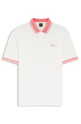 Polo en jersey de coton avec d&eacute;tails ray&eacute;s, Blanc