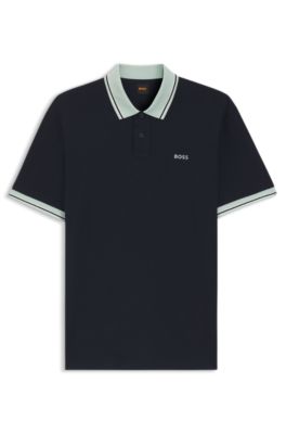 Polo en jersey de coton avec d&eacute;tails ray&eacute;s, Bleu fonc&eacute;
