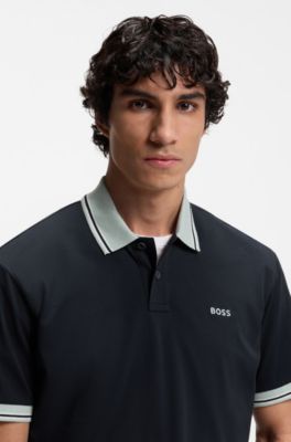 Cotton-jersey polo shirt with stripe trims, Dark Blue
